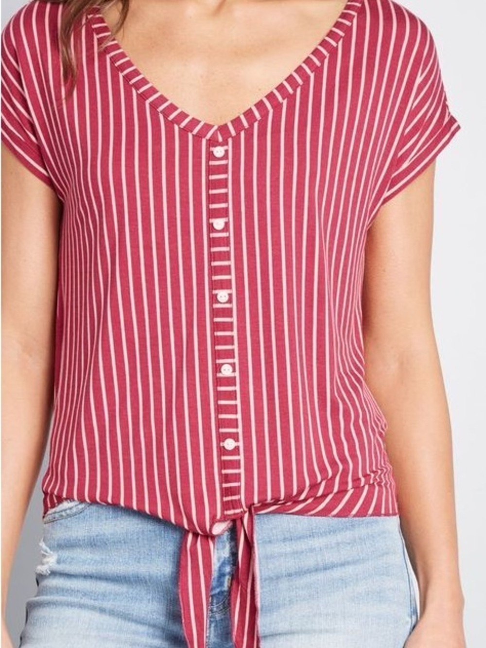 NWT ModCloth Timely Arrival Tie Waist Top -
Red and Pink Stripes - Picture 10 of 10